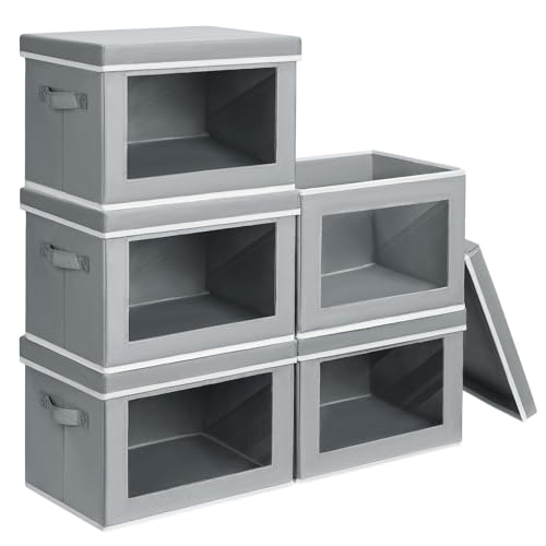 Image of Homsorout Stackable Storage Bins with Lids - Medium Storage Box with Lids, Foldable Closet Boxes for Organizing, Wardrobe Clothes Organizer with Window, Cubes Bins for Living Room, 5 Pack, Grey