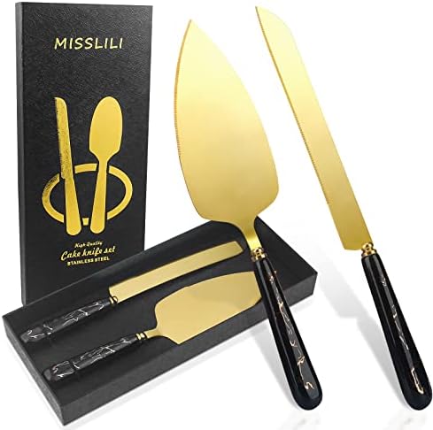MISSLILI Wedding Cake Knife and Server Set, Unique Ceramics Handle Marble Pattern Cake Cutter Serving Set Perfect For Wedding, Birthday, Parties and Events - Black