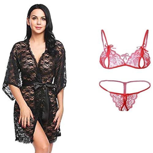 Image of Stylish Women's Satin Net Nighty with Bra and Panty Nightwear Set (Free Size)