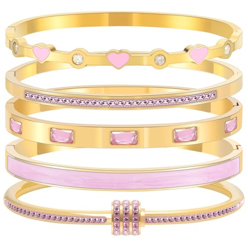 Pink Heart Bangle Bracelets for Women - 18K Gold Plated Stackable Stainless Steel, Friendship & Love Jewelry Gift for Her