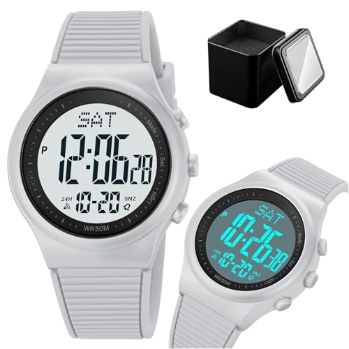 Reloj Digital LED para Hombre y Mujer, Sumergible 50M, Estilo Minimalista con Hora Dual, Cronómetro, Temporizador, Luz de Fondo, 12/24H, Correa de Silicona(Gray)
