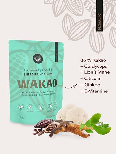 WAKAO - Dein Vitalpilz-Kakao für Energie & Fokus mit Cordyceps, Hericium (Lion’s Mane), Vitamin B5, B6, B12, Citicolin und Ginkgo von HAWLIK