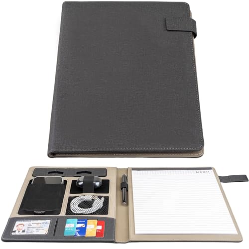 Men Padfolio for Coworker Employee, Portfolio Binder, Organizer Portfolio Folder, with Phone Stand, Card Slots, Earphone Holder, Cable Pocket, Men Christmas, Anniversary, Birthday, Fathers Day, Black