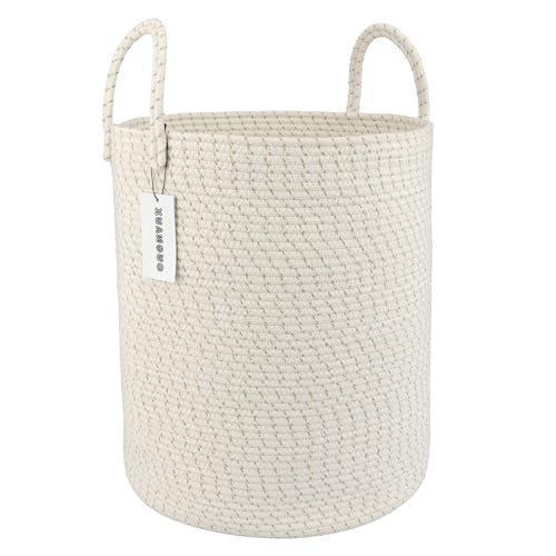 Image of XUANGUO Cotton Rope Laundry Basket Hamper for Clothes Woven Storage Basket for Living Room Bedroom Boho Tall Rope Baskets for Blanket Toys Pillow Towels Baby Nursery Hamper Bin striped