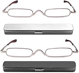 REAVEE 2 Pack Metal Slim Reading Glasses Spring Hinge Readers for Women Men Small Mini Portable Readers with Pen Clip Case +2.0