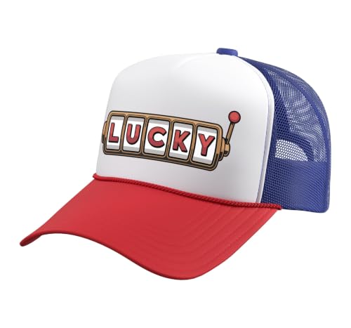 Slot Machine Casino Lucky Gambling Gambler Las Vegas Trucker Hat with Adjustable Mesh Back, Red/White/Royal Blue