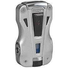 Lotus GT Cigar Lighter with Double Pinpoint Wind-Resistant Torch Flames, Metal Housing, Two Fold-Out Cigar Punches, Two-Sided Fuel Level Window, Large Tire-Shaped Flame Adjuster Silver & Black Matte