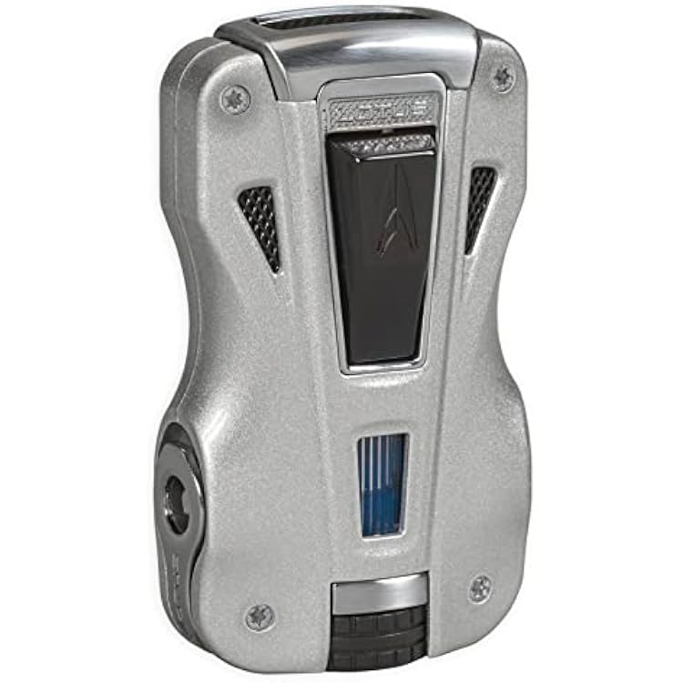 Lotus GT Cigar Lighter with Double Pinpoint Wind-Resistant Torch Flames, Metal Housing, Two Fold-Out Cigar Punches, Two-Sided Fuel Level Window, Large Tire-Shaped Flame Adjuster (Silver & Black Matte)