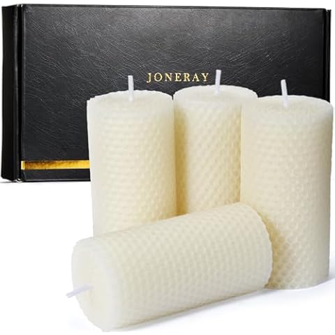 JONERAY 4pcs Beeswax Pillar Candles, 2"x4" Pure Natural Handmade Beeswax Candles, Hand-Rolled Honeycomb Candles for Table Decoration (Ivory) Cover