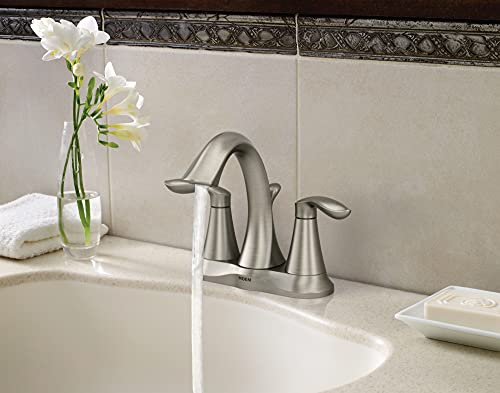 Image of Moen Eva Brushed Nickel Two-Handle 4-Inch Centerset Bathroom Faucet with Drain Assembly, for 3-Hole Sink, 6410BN + Bathroom Single Post Hand-Towel Ring, YB2886BN