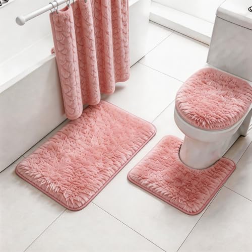 Shaggy Bathroom Rugs Sets 3Piece Bath Mat for Bathrom Non-Slip Bathrom Mats Water Absorbent Bath Rug Floor Mats Soft Washable Shower Rug with U-Shaped Contour Rug Toilet Lid Cover Light Pink by RUN HELIX - Used condition - US$28.04