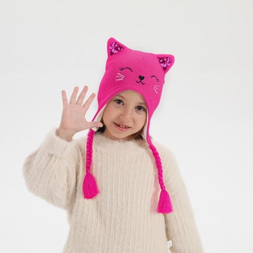 Girls Winter Cat Ear Beanie Hat and Gloves Set Kids Knitted Earflap Cap Mitten Set for Ages 3-73