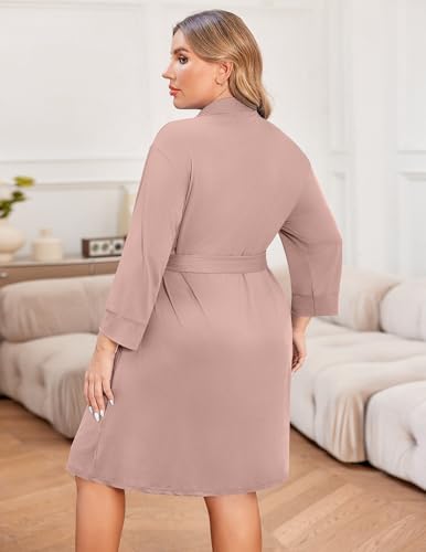 Image of Ekouaer Women Plus Size Robe Knee Length Lightweight Bathrobe Short Kimono Robes with Pockets Maternity Robe