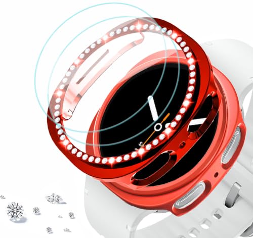 DEALELE [2+2 Pack] Tempered Glass Case Compatible with Samsung Galaxy Watch 8 40mm, Bling Diamond + Matte Protective Case Cover + 9H Tempered Glass Screen Protector, Red + Red