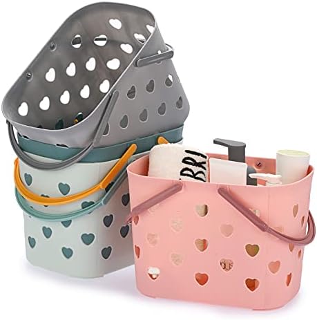 BSTKEY Set of 4 Plastic Bathroom Storage Baskets with Handle, Portable Shower Caddy Basket Caddy Organizer Basket for Bathroom, College Dorm, Kitchen (Pink, Green, Grey, Cyan)