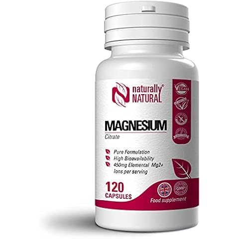 Magnesium Citrate Capsules 1500mg Providing 450mg Elemental Magnesium 120 Vegan Capsules not Tablets, Pure Formulation Made in The UK by Naturally Natural Cover