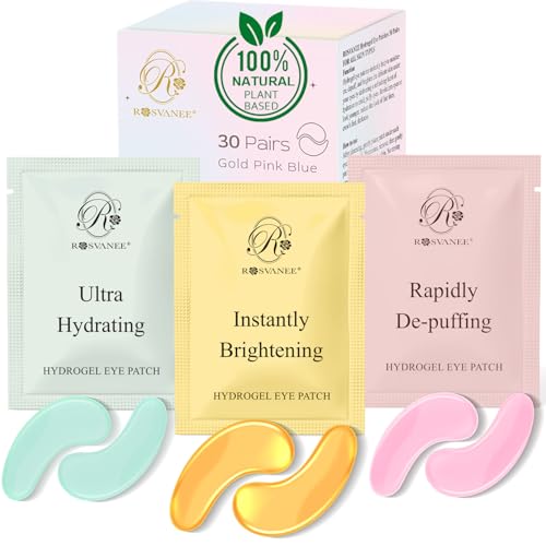 ROSVANEE Plant Based 30 Pairs Under Eye Patches, Natural Vegan Eye Mask for Dark Circles, Puffiness, Under eye Bags, Wrinkles, Hydrogel Eye Mask Patches with 24K Gold, VC, Retinol, Fragrance Free