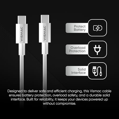 Image of Vismac Type C to Type C Cable, 60W Fast Charging Support,1M Durable PVC Build, High-Speed Data Transfer & Safe Power Delivery for All USB-C Devices (White)