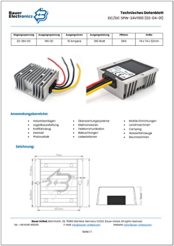 Bauer Electronics | DC-DC 22V-36V zu 19V Spannungs-wandler 10A 190W | 24-V 19-V Converter Netzteil Strom-adapter Spannungs-regler Spannungs-stabilisator Spannungs-begrenzer LKW Step-down Buck Volt