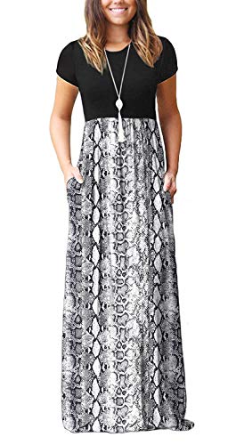 DEARCASE Women Short Sleeve Loose Floral Printed Maxi Dresses Casual Long Dresses with Pockets Flower Snake White Large