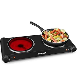 Double Burner, CUSIMAX Electric Burner Ceramic Hot Plate, 1800W Portable Infrared Burner, 7 Inch Glass Dual Countertop Electric Cooktop, Stainless Steel Easy to Clean, Compatible with All Cookware