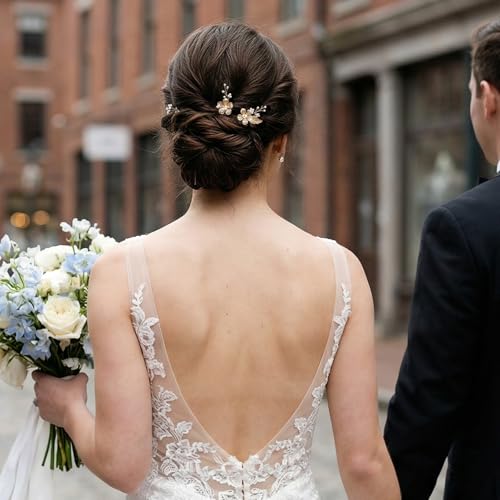 SWEETV 7 Pcs Gold Wedding Hair Pins for Brides, U-Shaped Pearl Hair Accessories, Flower Bridal Hair Pieces Vintage Hair Clip Floral Headpiece for Bridesmaids Women Girls