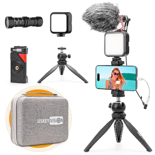 uskeyvision Smartphone Vlogging Kit Video Kit for iPhone 15/14/13 Mini/Pro/Max, Android Smartphone & Camera w/Metal Microphone Light Combo for YouTube Tiktok Live Steam (Vlog K2)