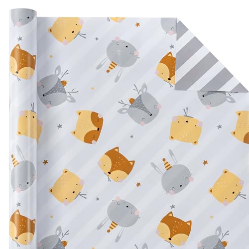 WRAPAHOLIC Reversible Baby Shower Wrapping Paper Roll - Mini Roll - 17 Inch x 10 Feet - Adorable Hedgehogs and Stripe Wrapping Paper Perfect for Neutral Baby Shower, Kids Birthday, Party