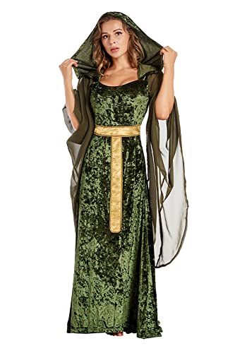 Sinastar CEWD9AG3ELE6W7-GREEN-M Womens Medieval Dress Costume Hooded Lace Up Renaissance Velvet Trumpet Sleeve Gothic Green Gown thumb #2