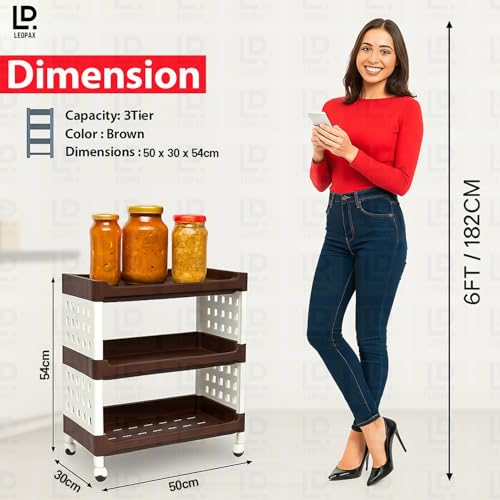 Image of LEOPAX 3 Layers Plastic Rolling Storage Rack | Multipurpose Stackable Storage Rack with Wheels for Kitchen Laundry Room Bathroom Office Home - Brown (50 x 30 x 54cm)