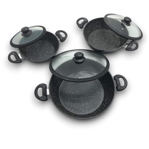 KORAT Set Tegami 10 pz con Coperchi in Vetro + Bistecchiera 26 cm, Fondo in Pietra Antiaderente, Piano Induzione e Gas, Padella per Cucinare, Cucina, Frittura, Fondo 24 e 28 h. 6cm + 5 Mestoli omaggio