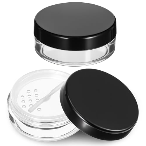 2PCS 10ml/0.34oz Refillable Loose Makeup Containers, Plastic Empty Travel Compact Case, Small Cosmetic Jars with Rotatable Sifter and Black Screw Lid, No Leak Loose Face Compact Case for Foundation