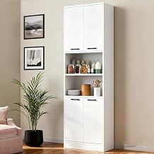 POWERSTONE Wood Kitchen Pantry Cabinet, 75" Tall Bathroom Storage Cupboard with 4 Doors & Shelves, Slim Freestanding Utility Hutch for Dining Room, Living Room, Bathroom White