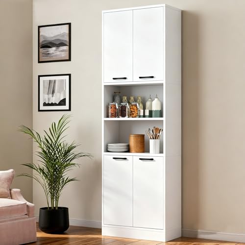 POWERSTONE Wood Kitchen Pantry Cabinet, 75' Tall Bathroom Storage Cupboard with 4 Doors & Shelves, Slim Freestanding Utility Hutch for Dining Room, Living Room, Bathroom White