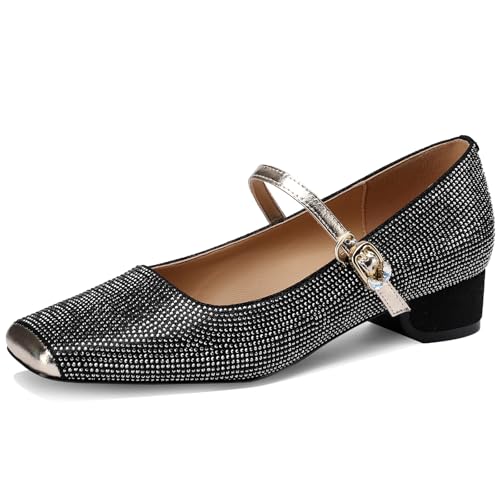 TDD Mary Jane Shoes Women 1 Inch Low Heels Chunky Block Square Toe Dress Pumps Vintage Dressy Strap Comfortable Zapatos Width Buckle Classy Rhinestone Crystal