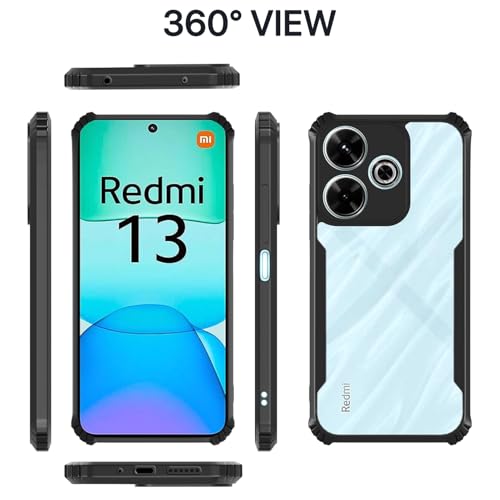 Image of Pikkme Crystal Clear Transparent Back Cover | Ultra Hyrbid | Full Camera Protection | Raised Edge | Bumper Case for Redmi 13 5G / Poco M6 Plus 5G (Black)