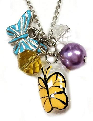 Linpeng Ne-3050B Fiona Hand Painted Butterfly And Flower Glass Bead, Crystal Pearl Beads, Butterfly Charms Necklace And Earrings Set, Yellow #TOP5