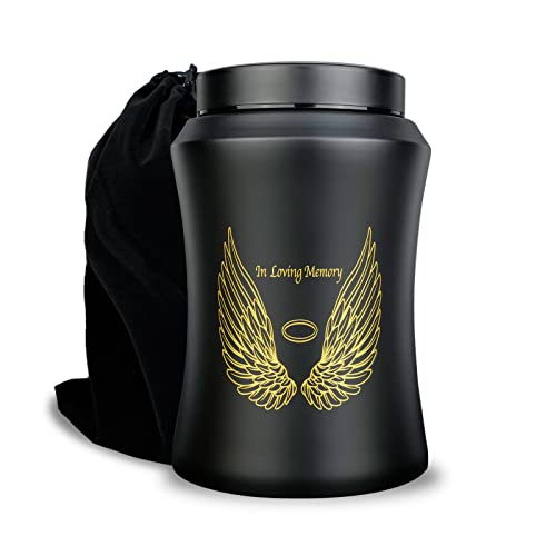 CHIEMOT Up to 220 lbs Large Cremation Urns for Adult Human Ashes, Angel Wings in Loving Memory Decorative Funeral Burial Urn for Male Female Ashes with Velvet Bag(Black)