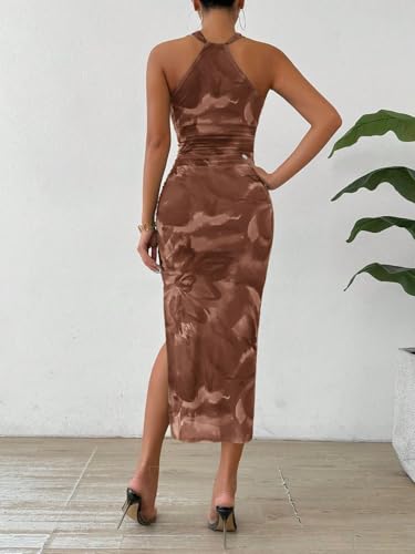 LIGHT DOT Women's Summer Halter Dress 2025 Midi Printed Bodycon Cocktail Ruched Tie Dye Side Slit Mesh Layered2