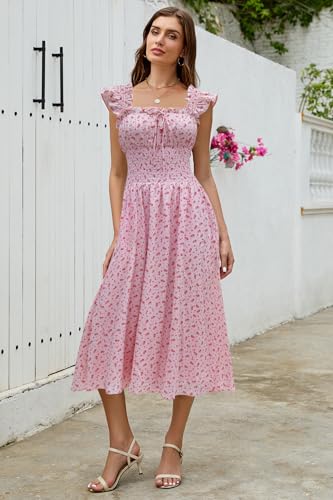 Image of Women's 2026 Spring Summer Floral Midi Dresses Square Neck Smocked Waist Beach Wedding Guest Long Flowy A Line Sundress
