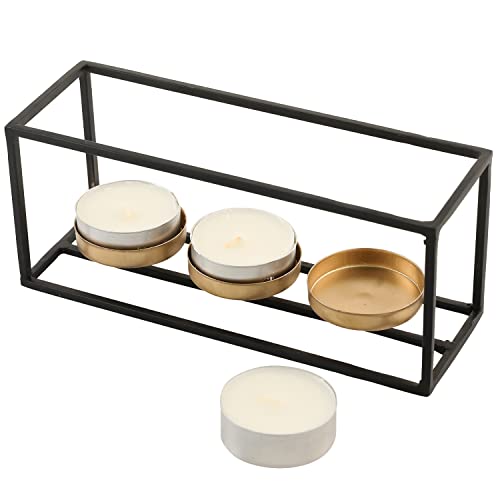 Mygift Modern Candle Holder Centerpiece With Black Wire Rectangular Frame And Gold Bases For 3 Pillar Or Tealight Candles - Handcrafted In India #TOP3