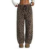 IYOWEL レディース チーター プリント ファジー フリース パジャマパンツ Y2K レオパード パンツ ポケット付き 秋冬 暖かい パジャマ ボトム, コーヒー, Small