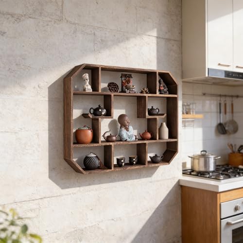 Grand présentoir à tasses étagère murale bois rustique pour cuisine et bar