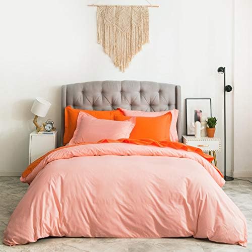 SUSYBAO Peach Duvet Cover Queen 100% Cotton Cute Pink Duvet Cover Set 3 Pcs 1 Elegant Peach Pink Duvet Cover with Zipper Ties 2 Pillow Shams Luxury Soft Romantic Women Girls Peach Bedding Set Durable