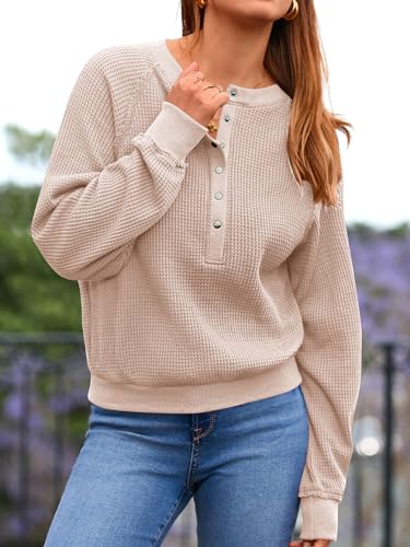Prettygarden Womens 2023 Batwing Long Sleeve V Neck Sweater Drop Shoulder Button Waffle Knit Pullover Winter Slouchy Henley Tops thumb #4