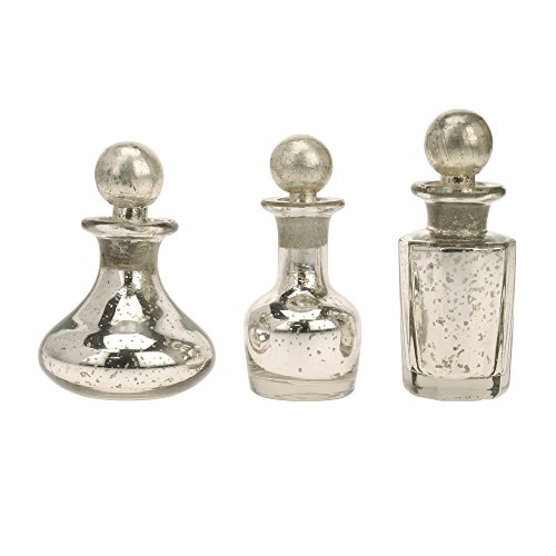Stonebriar Antique Silver Mercury Glass Decorative Bottles with Stoppers Set