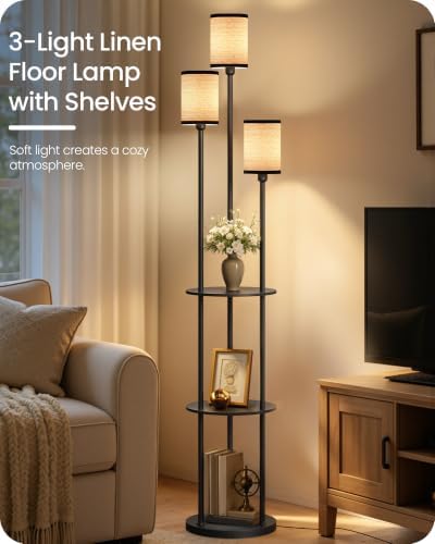 GOEBLESON Floor Lamp with Shelves, for Living Room, 3-Light Standing Lamp