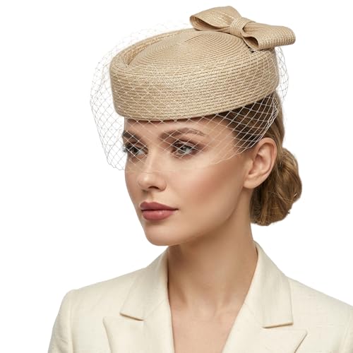 F FADVES Straw Fascinator Vintage Hat Bow Veil Pillbox for Wedding Tea Party 20s 50s Headwear Champagne by F FADVES - Used condition - US$26.00