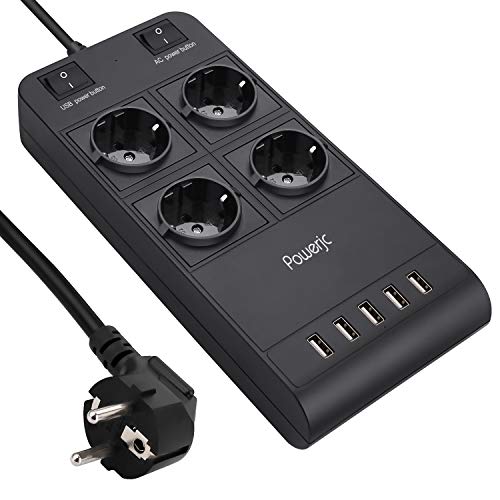 Steckdosenleiste Überspannungsschutz 4 Fach mit 5 USB,Powerjc Mehrfachsteckdose Einzeln Schaltbar (2500W/10A) 2M Verlängerungskabel Mehrfachstecker