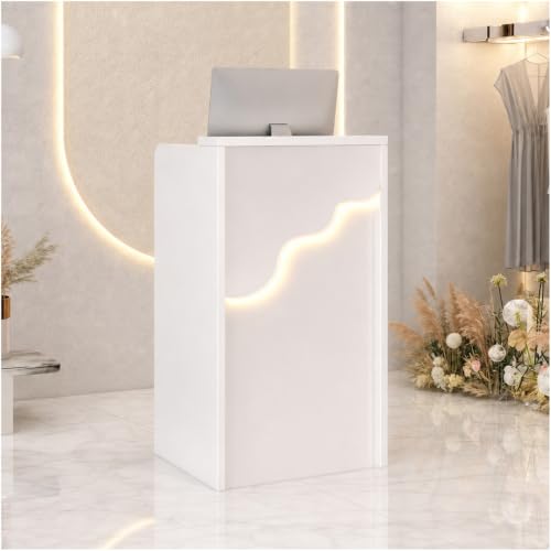 Reception Desk with Counter, Small Modern Front Desk with LED Light and Lockable Drawer, White Reception Table Retail Checkout for Counter for Lobby, Beauty Salon (37.8"L x 23.6"W x 15.7"H)